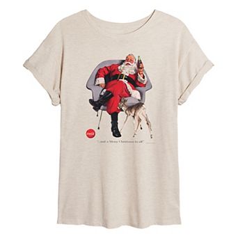 Juniors' Coca-Cola Santa With Deer Oversized Tee