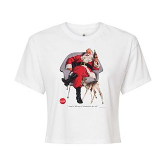 Juniors' Coca-Cola Santa With Deer Cropped Tee