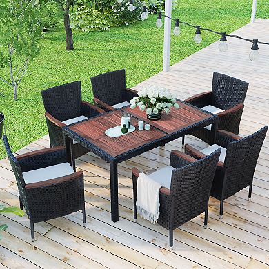 Merax 7-Piece Outdoor Patio Dining Set, Garden PE Rattan Wicker Dining Table and Chairs Set