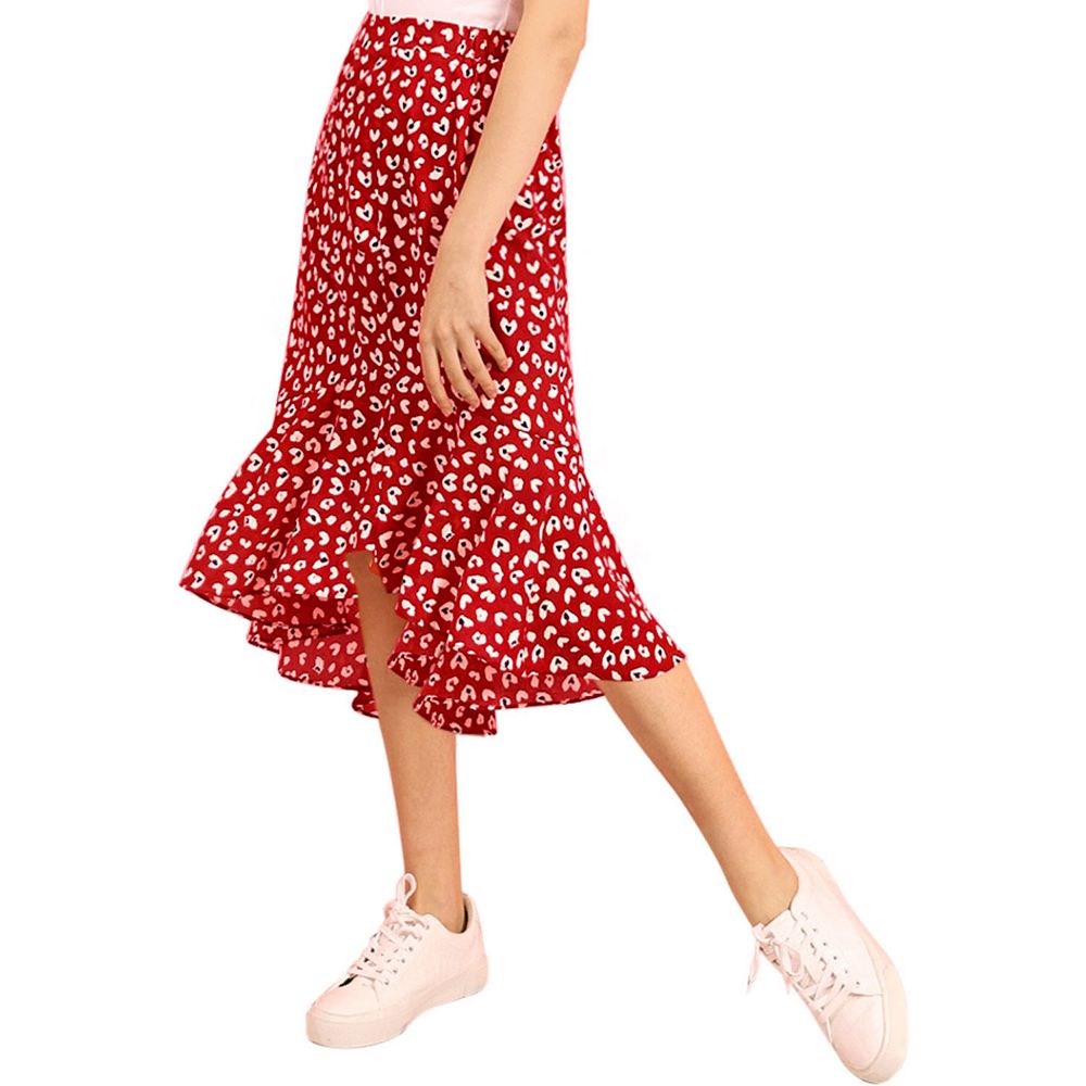 Women's Floral Leopard Print Ruffle A-Line Midi Skirt