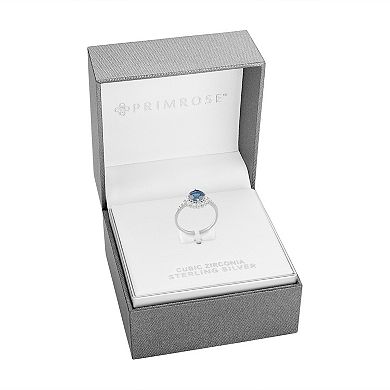 PRIMROSE Sterling Silver Simulated Sapphire & Cubic Zirconia Halo Ring