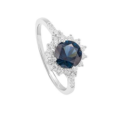 PRIMROSE Sterling Silver Simulated Sapphire & Cubic Zirconia Halo Ring