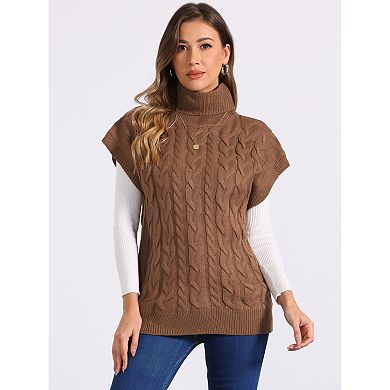Women's Sleeveless Vest Solid Color Knit Pullover Turtleneck Twist Wool Vest Casual Sweater