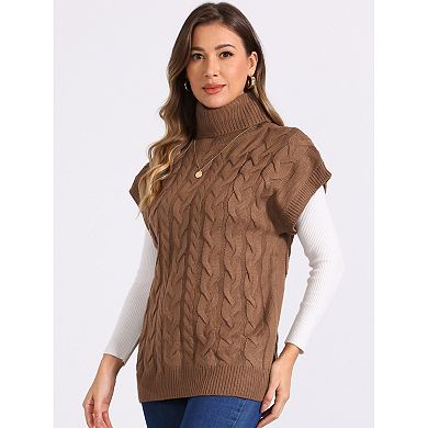 Women's Sleeveless Vest Solid Color Knit Pullover Turtleneck Twist Wool Vest Casual Sweater