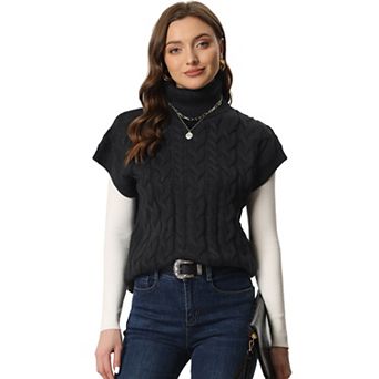 Women's Sleeveless Vest Solid Color Knit Pullover Turtleneck Twist Wool Vest Casual Sweater