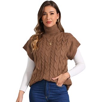 Women's Sleeveless Vest Solid Color Knit Pullover Turtleneck Twist Wool Vest Casual Sweater