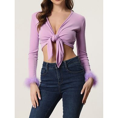 Women's Tie Front Open Navel Cardigan Feather Cuff Long Sleeve