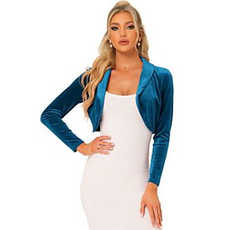 Velvet Cropped Top for Women's Open Front Long Sleeve Collar Shrug Cardigan