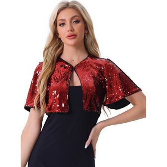 Sequin Shrug Bolero For Women's Flared Sleeve Crop Sparkly Glitter Jackets