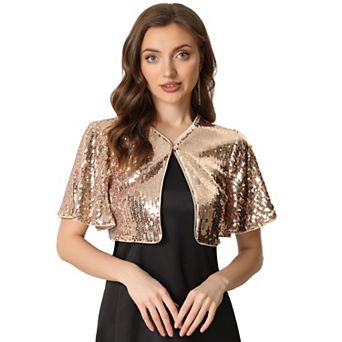 Sequin Shrug Bolero For Women's Flared Sleeve Crop Sparkly Glitter Jackets