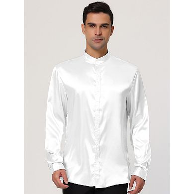 Men's Satin Long Sleeves Band Collar Button Down Slim Fit Solid Prom Satin Shirts