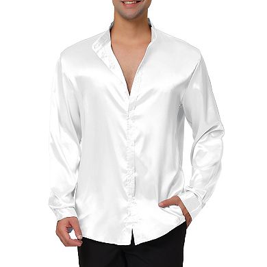 Men's Satin Long Sleeves Band Collar Button Down Slim Fit Solid Prom Satin Shirts