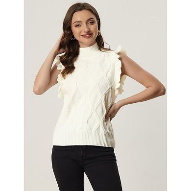 Women's Ruffle Sleeve Solid Color Mock Neck Cable Knit Casual Pullover Sweater Vest