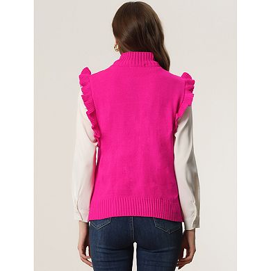 Women's Ruffle Sleeve Solid Color Mock Neck  Cable Knit Casual Pullover Sweater Vest