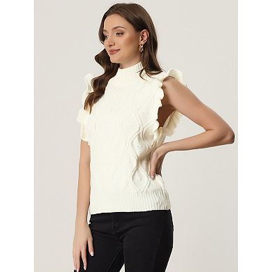 Women's Ruffle Sleeve Solid Color Mock Neck Cable Knit Casual Pullover Sweater Vest