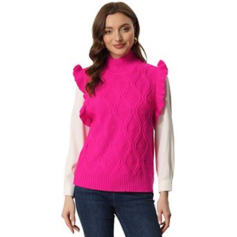 Women's Ruffle Sleeve Solid Color Mock Neck Cable Knit Casual Pullover Sweater Vest