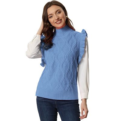 Women's Ruffle Sleeve Solid Color Mock Neck Cable Knit Casual