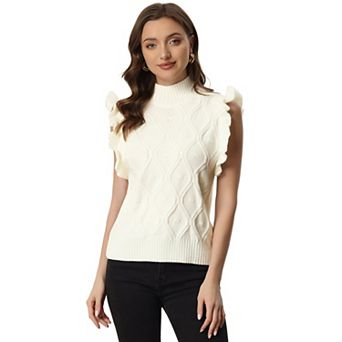 Women's Ruffle Sleeve Solid Color Mock Neck Cable Knit Casual Pullover Sweater Vest