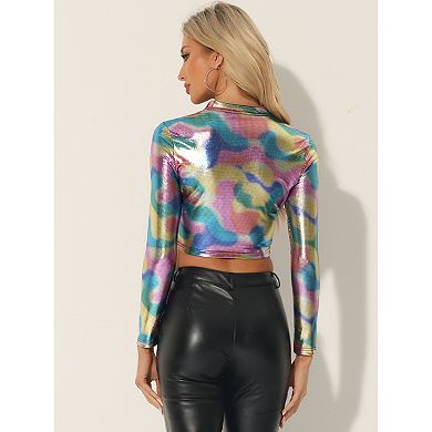 Women's Party Long Sleeve Zip Up Metallic Crop Tops