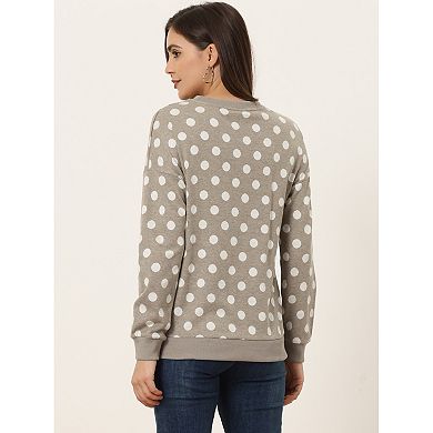 Women's Crew Neck Drop Shoulder Long Sleeves Polka Dots Knit Sweatshirt