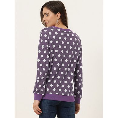 Women's Crew Neck Drop Shoulder Long Sleeves Polka Dots Knit Sweatshirt