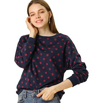 Women's Crew Neck Drop Shoulder Long Sleeves Polka Dots Knit Sweatshirt