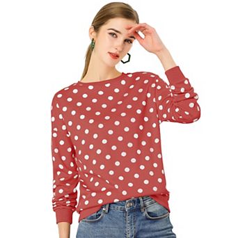 Women's Crew Neck Drop Shoulder Long Sleeves Polka Dots Knit Sweatshirt