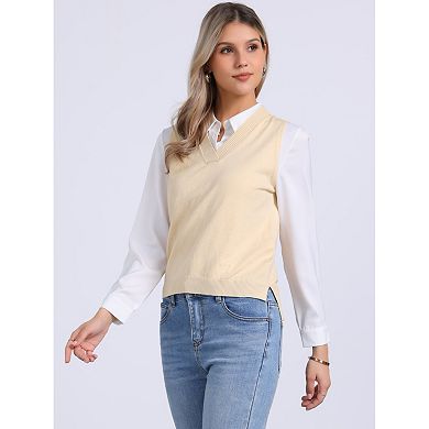 Women's Pullover Knit Sweaters Solid Color V Neck Sleeveless Sweater Vests