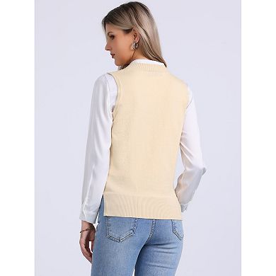 Women's Pullover Knit Sweaters Solid Color V Neck Sleeveless Sweater Vests
