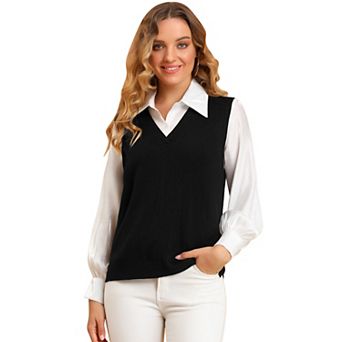 Women's Pullover Knit Sweaters Solid Color V Neck Sleeveless Sweater Vests