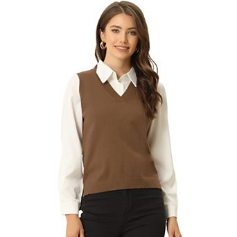 Women's Pullover Knit Sweaters Solid Color V Neck Sleeveless Sweater Vests