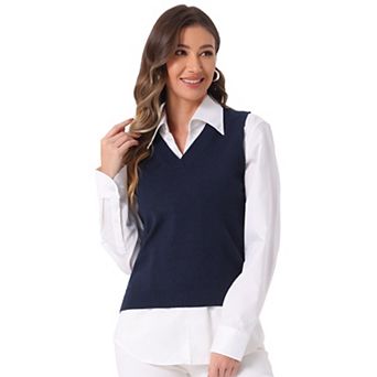 Women's Pullover Knit Sweaters Solid Color V Neck Sleeveless Sweater Vests