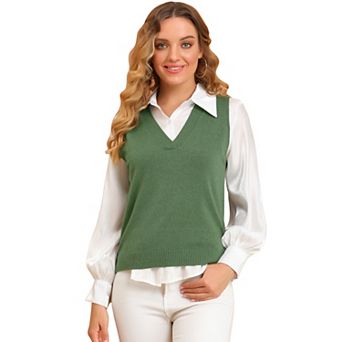 Women's Pullover Knit Sweaters Solid Color V Neck Sleeveless Sweater Vests