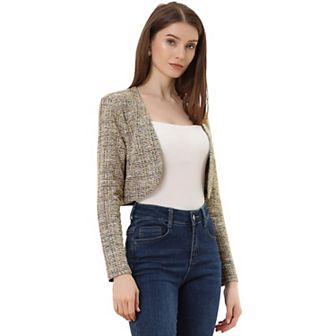 Vintage Tweed Shrug for Women's Plaid Open Front Cropped Bolero Cardigan