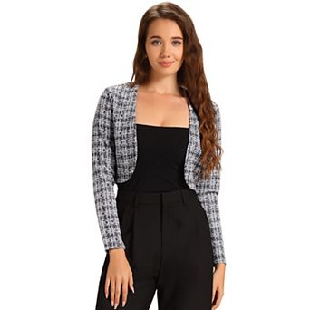 Vintage Tweed Shrug for Women's Plaid Open Front Cropped Bolero Cardigan