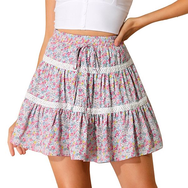 Women's Floral Print Skirts Elastic Waist Lace Trim A-Line Ruffle ...