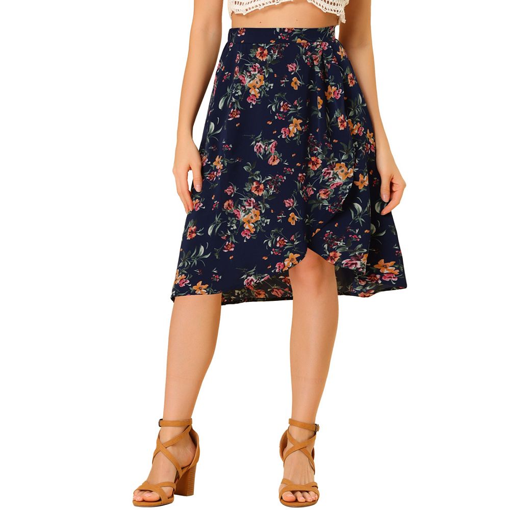 Women's Floral A-Line Flared Zipper Chiffon Midi Skirt