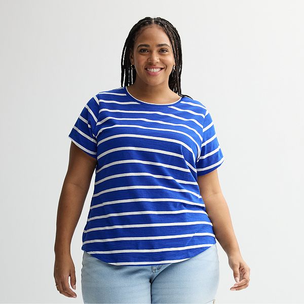 Plus Size Sonoma Goods For Life® Short-Sleeve Crew Tee - Cobalt Ivory Stripe (1X)
