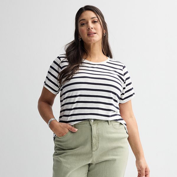 Plus Size Sonoma Goods For Life® Short-Sleeve Crew Tee - White Gray Stripe (1X)