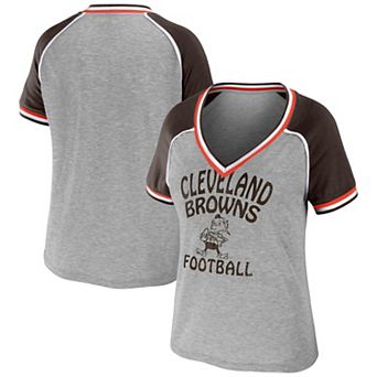 Women's WEAR by Erin Andrews Heather Gray Cleveland Browns Throwback Raglan V-Neck T-Shirt