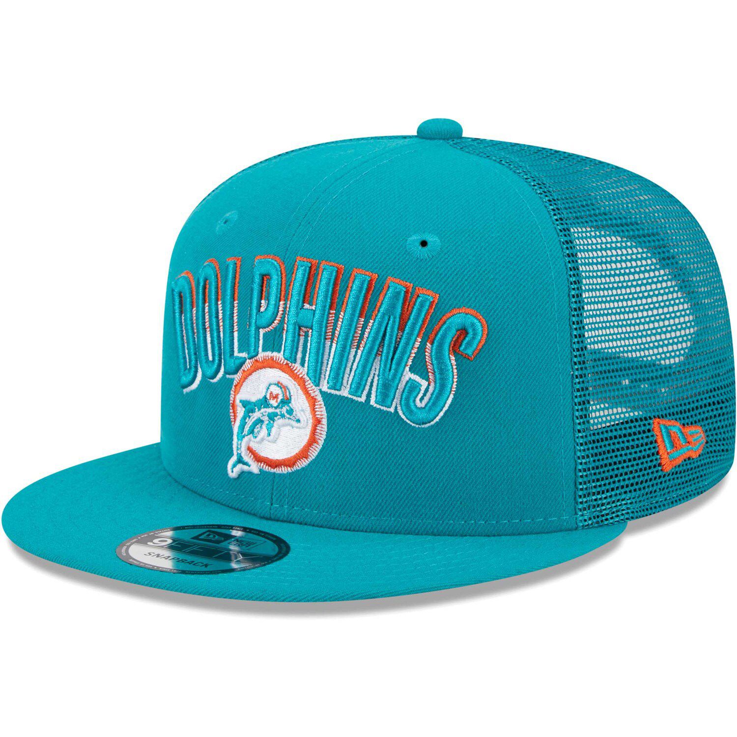 Men's New Era Khaki/White Miami Dolphins Happy Camper A-Frame Trucker 9FORTY Snapback Hat