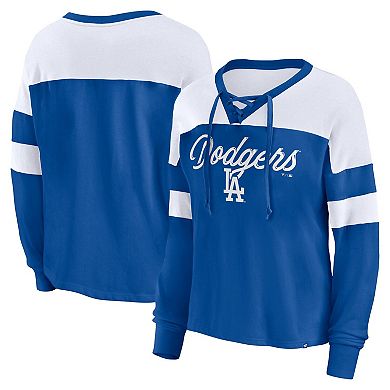 Women's Fanatics Branded Royal/White Los Angeles Dodgers Even Match Lace-Up Long Sleeve V-Neck T-Shirt