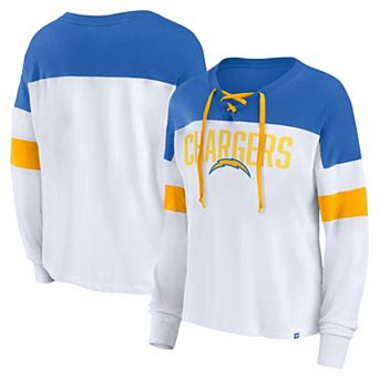 Women's Fanatics Branded White/Powder Blue Los Angeles Chargers Even Match Lace-Up Long Sleeve V-Neck T-Shirt