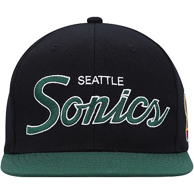 Men's Mitchell & Ness Black Seattle SuperSonics Hardwood Classics MVP Team Script 2.0 Snapback Hat