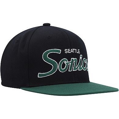 Men's Mitchell & Ness Black Seattle SuperSonics Hardwood Classics MVP Team Script 2.0 Snapback Hat