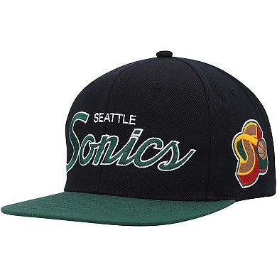 Men's Mitchell & Ness Black Seattle SuperSonics Hardwood Classics MVP Team Script 2.0 Snapback Hat