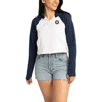 Women's Lusso White Houston Astros Jane Raglan Quarter-Zip Tri-Blend Cropped Pullover Hoodie