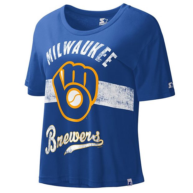 Women's Starter Royal Milwaukee Brewers Cooperstown Collection Record Setter Crop Top Size: Large