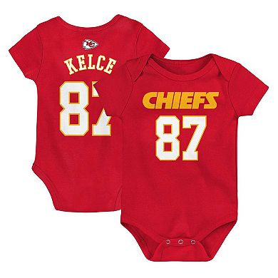 Newborn & Infant Travis Kelce Red Kansas City Chiefs Mainliner Player Name & Number Bodysuit
