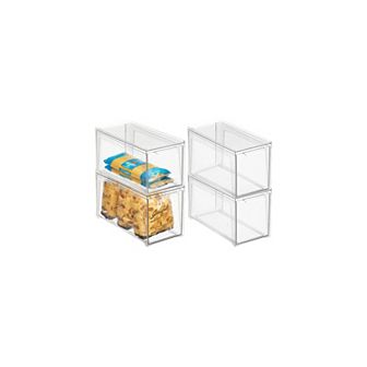 mDesign Plastic Stackable Kitchen Storage Organizer with Drawer - 4 Pack - Clear